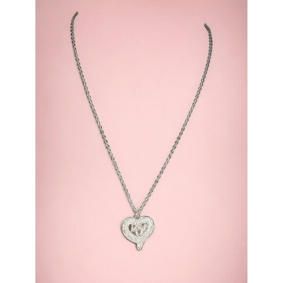 Rhinestone Heart Mom Pendant Charm Necklace Silver Tone 18" Signed LA - Picture 2 of 3